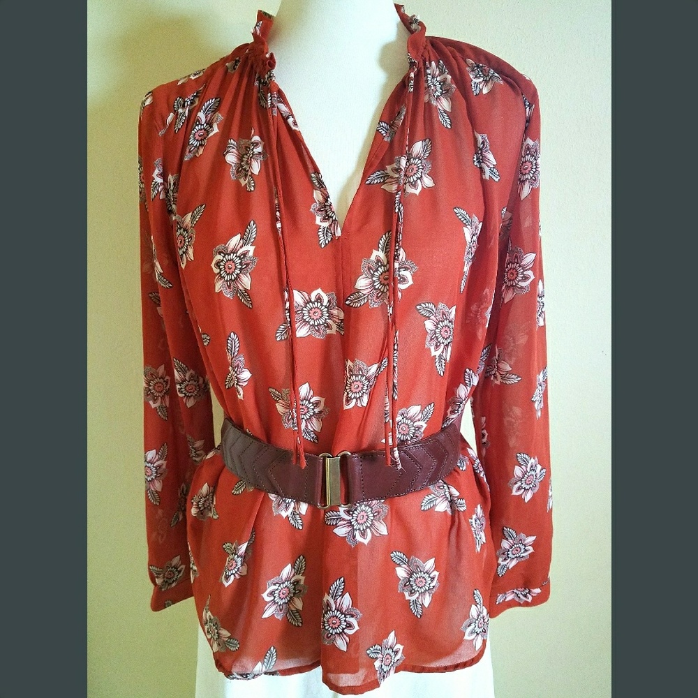 Burnt Orange Floral Ruffle Tie Neck Blouse
